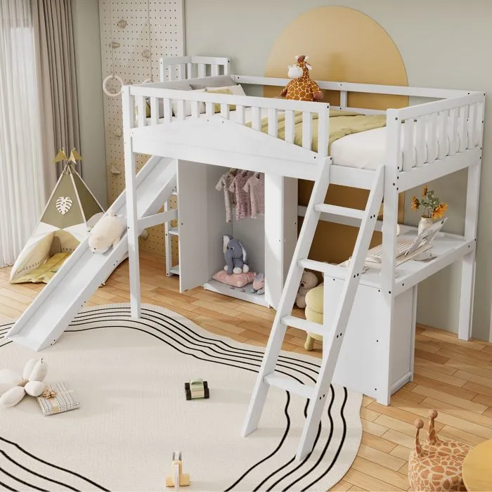 Lit mezzanine - Enfant - 90x200cm - Blanc - Toboggan - Bureau et armoire intégrés-0