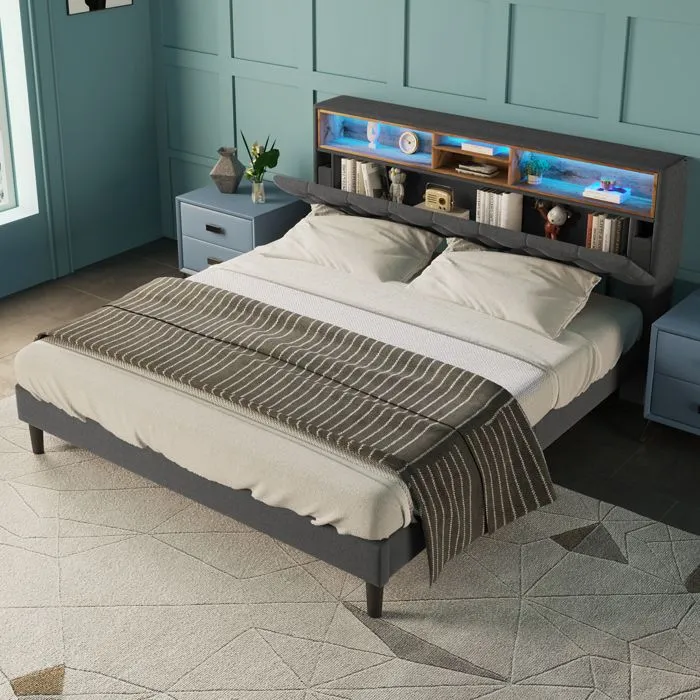 Lit adulte 140x200 cm - Tête de lit avec rangement , LED et ports USB - Sommier inclus - Gris-2