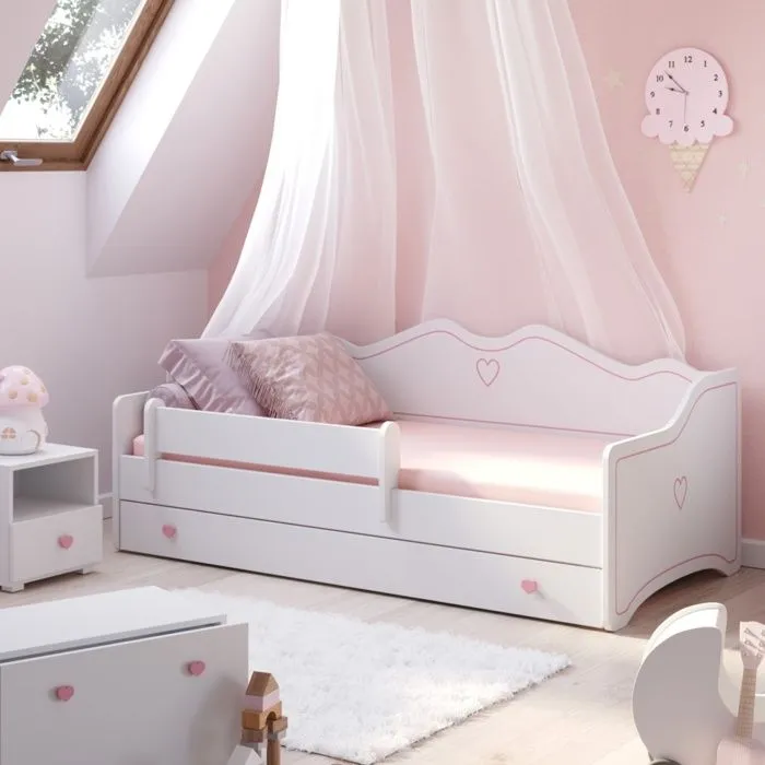 Lit enfant pour une fille Emma  80x160 avec matelas + sommier + tiroir en blanc/rose-0