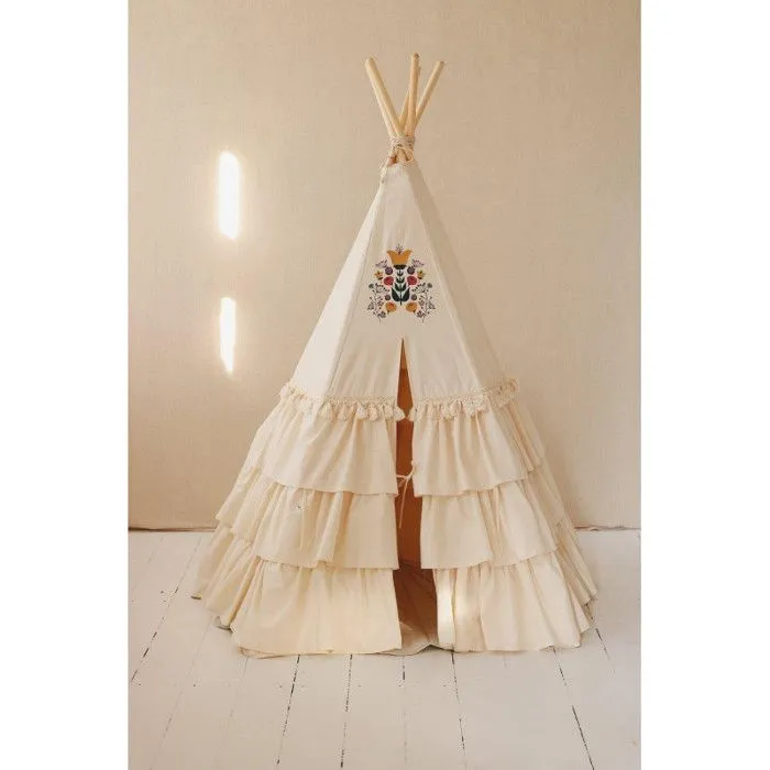 Tente tipi enfant Moi Mili Folk Honey - beige/ jaune - froufrous et tapis de coquillages ou tapis de feuilles-3