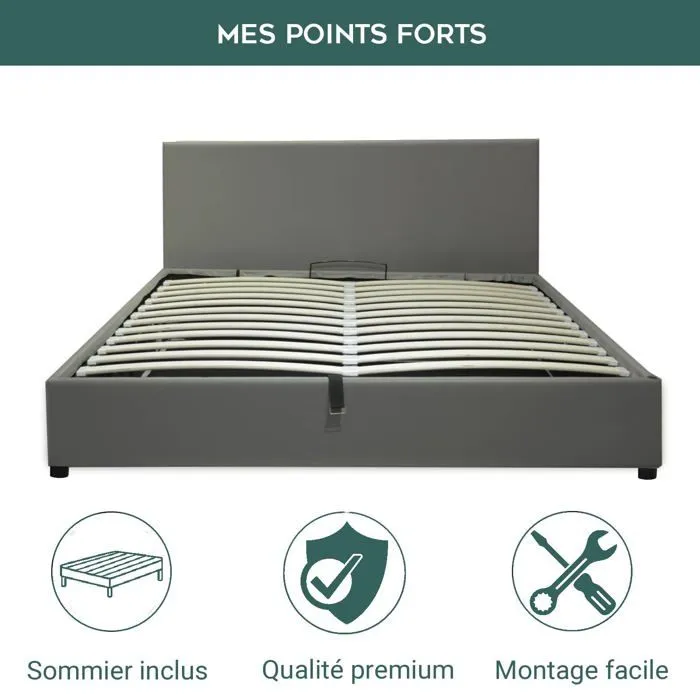 Lit Coffre Prestige 160 x 200 by Sampur | Simili Cuir Noir | Sommier à Lattes en Bois + Tête de Lit inclus - Design Moderne-2