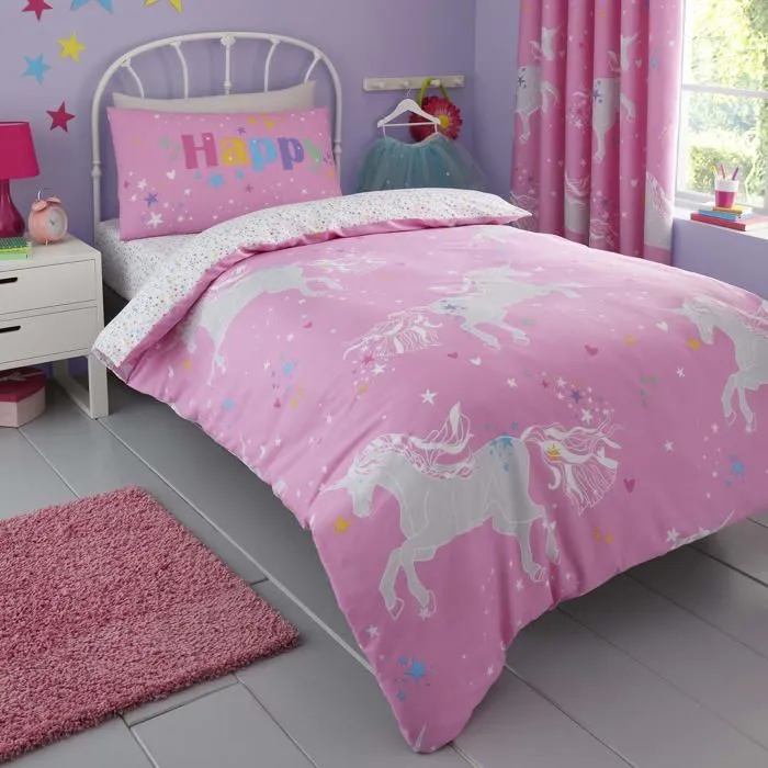 Bedlam - UNGPK11P1U - Parure de lit reversible 2 pieces avec Housse de Couette reversible pour Enfant Motif Licorne Rose Fluo-0