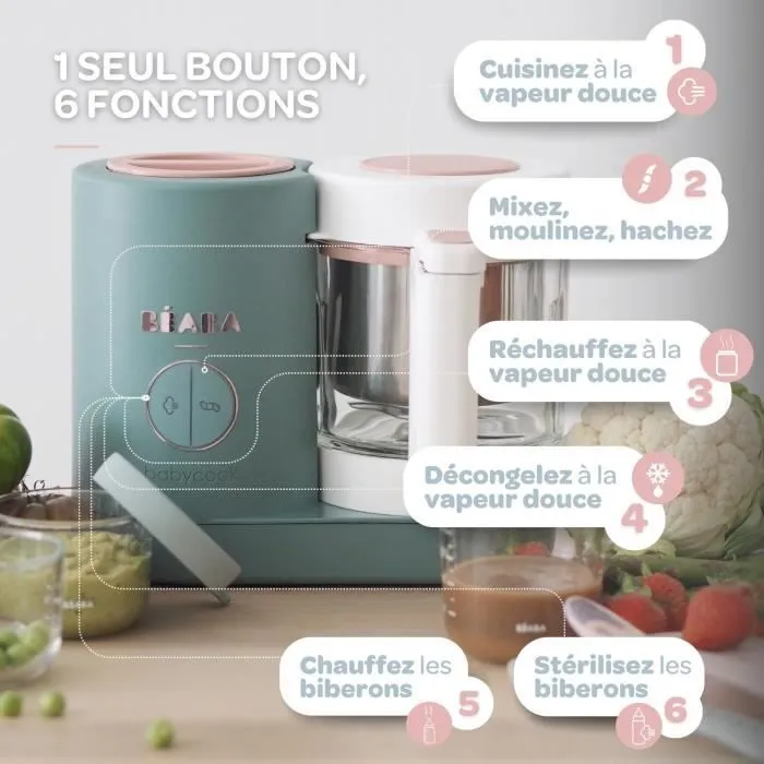 BÉABA - Babycook Néo, Robot Cuiseur Vapeur 6 en 1- Fabriqué en France - Bol en Verre - Contenance XL - Eucalyptus-2