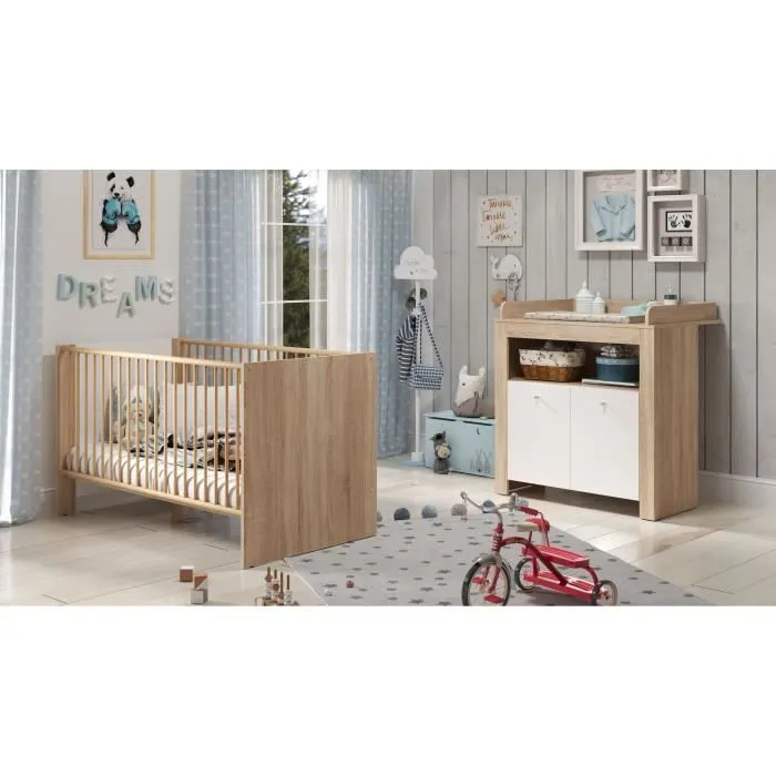 Chambre bébé duo PIA - Lit 70x140 cm + Commode à langer 2 portes - Décor chêne sonoma et blanc mat - TRENDTEAM-0