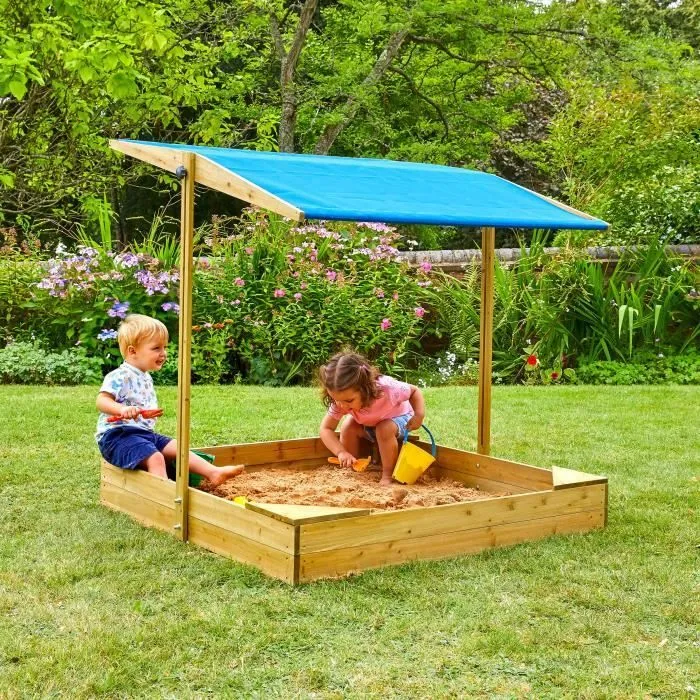 Bac à sable avec auvent - TP TOYS - 100 x 100 x 115 cm - Bois massif - 4 assises - Parasol amovible-1