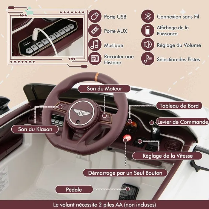 Bentley Voiture Électrique 12V/7AH pour Enfants 3-8 Ans - Télécommande 2.4G - LED & Musique - Démarrage Lent - Blanc-2