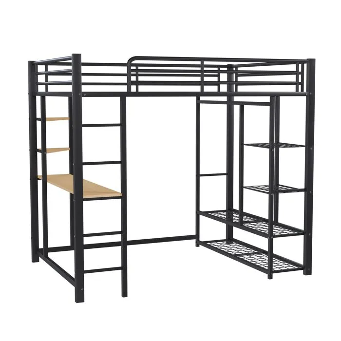 Lit mezzanine - Métal - 140x200 cm - Noir - Avec table et étagères - 1 place-3