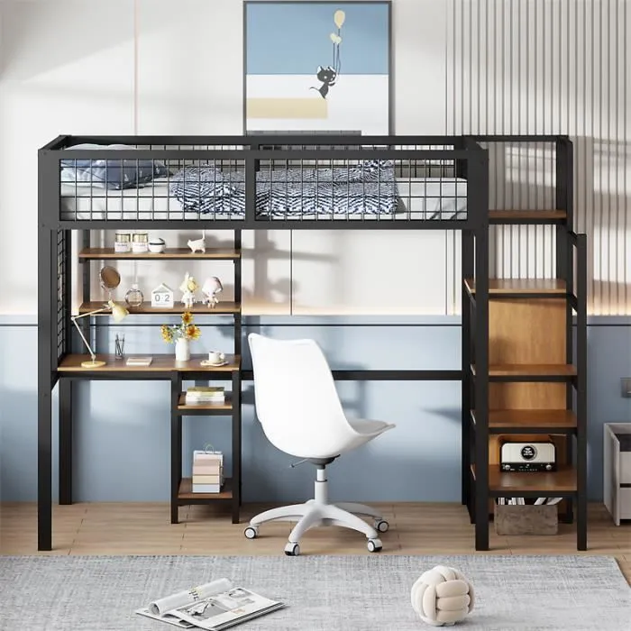 Lit mezzanine - Enfant - 90x200cm - Noir - Échelle de sécurité - Bureau intégré-0