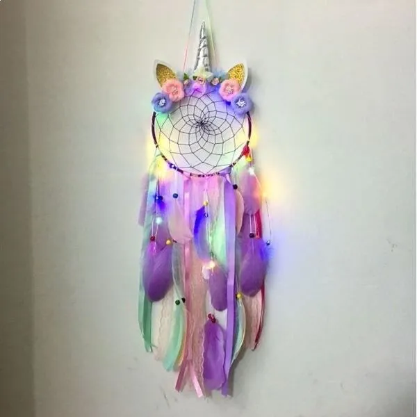 Attrape-Rêve - Licorne - Couronne de fleurs violette - LED - 75 cm - Capteur de rêves-1