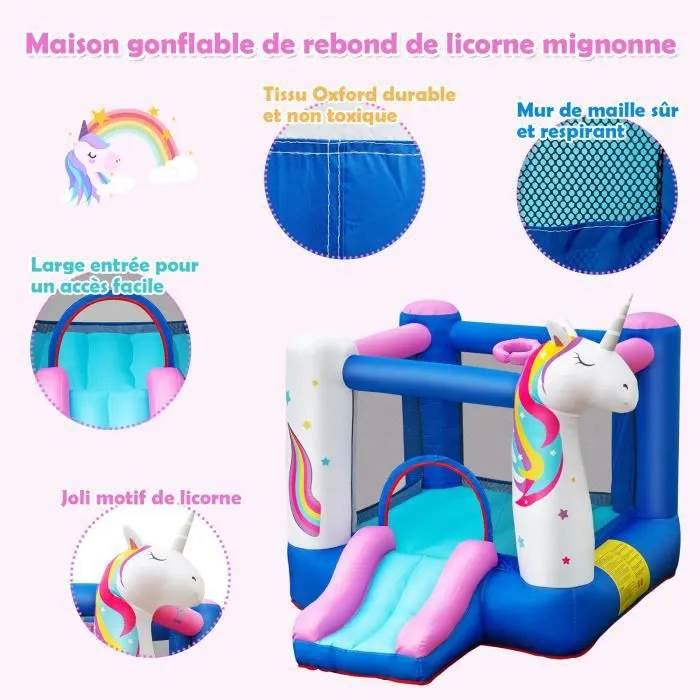 COSTWAY Château Gonflable pour Enfants avec Toboggan Panier de Basket Thème Licorne Housse de Transport Piquets sans Souffleur-2