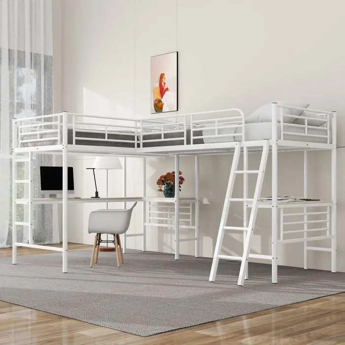 Lit mezzanine - Blanc - 90x200 cm - Métal - Bureau d'angle - 2 places-0