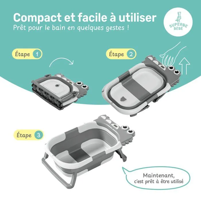 Baignoire bébé pliable - Thermomètre et coussin inclus - DINO - Grey | SUPERBE BEBE-2