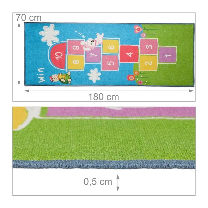 Relaxdays Tapis de marelle, 180 x 70 cm, 10 cases, à poils courts, dessous caoutchouté, jeu éducatif, multicolore-3