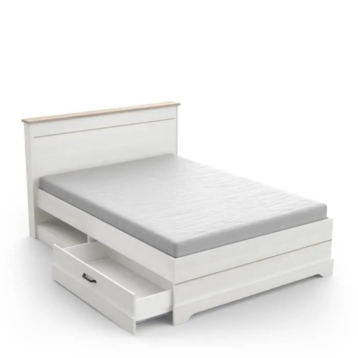 Lit adulte COTTAGE 140x190/200 cm - Mélamine blanc et décor chêne Kronberg - 2 Tiroirs- L 153,40 x P 214,70 x H 102,20 cm --0