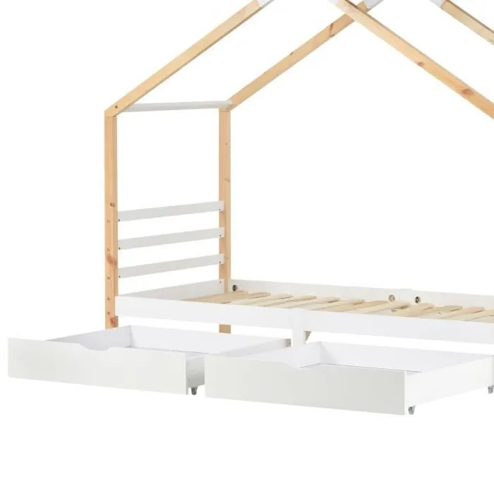 Lit cabane enfant 90x200 cm en bois, avec tiroirs et sommier à lattes, naturel et blanc-3