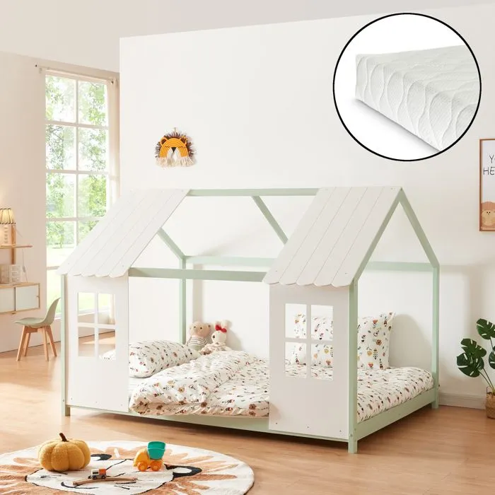 Lit cabane Tostedt pour enfant 120 x 200 cm avec matelas sommier à lattes bois de pin vert menthe blanc [en.casa]  *88565882*-0
