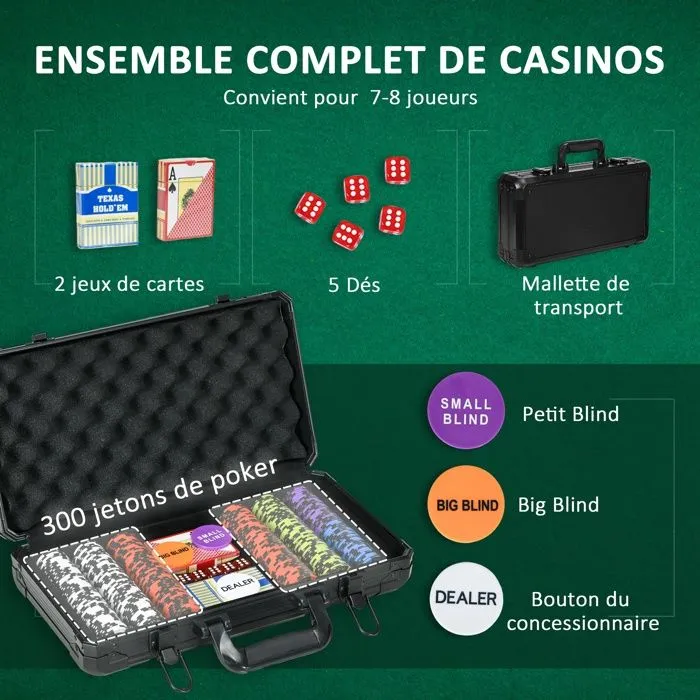 Mallette de Poker Complet SPORTNOW 300 jetons à 14g, 5 dés, 2 Jeux de Cartes 3 boutons Texas Holdem, Cartes de Poker, Bouton Dealer-4