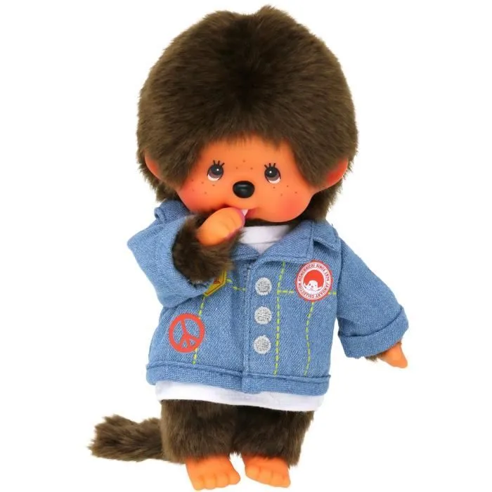 Bandai - Monchhichi - Peluche Monchhichi veste en jean - Peluche toute douce 20 cm pour enfants et adultes - SE23396-2