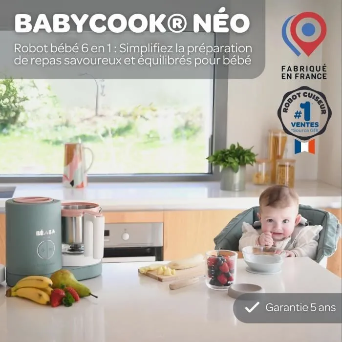 BÉABA - Babycook Néo, Robot Cuiseur Vapeur 6 en 1- Fabriqué en France - Bol en Verre - Contenance XL - Eucalyptus-1