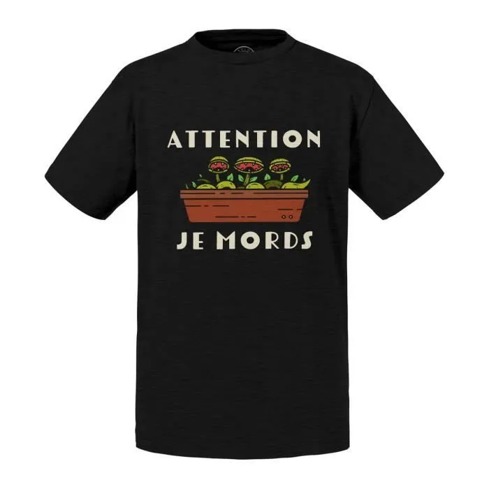 T-shirt Enfant Noir Attention je Mords Plante Carnivore Pot Jardinage-0