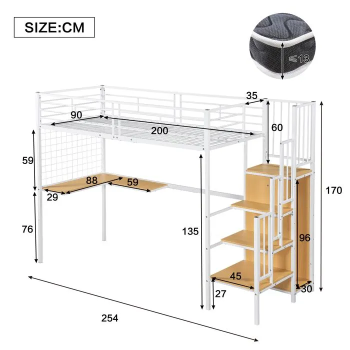 Lit mezzanine - Non spécifié - 90 x 200 cm - Blanc - Échelle latérale - Armoire intégrée-2
