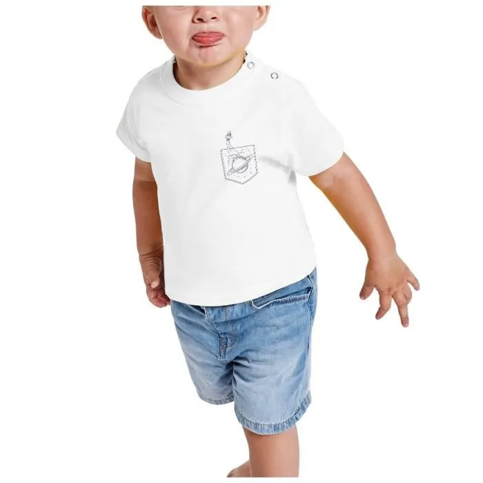 T-shirt Bébé Manche Courte Blanc Poche Surprise Fusée Spatial Planète Jupiter Dessin-1
