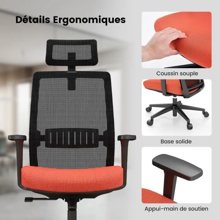 COSTWAY Fauteuil de Bureau Ergonomique, Hauteur d'assise Réglable 36-46 cm, avec Soutien Lombaire, Appui-Tête 3D, Charge Max. 180kg-1