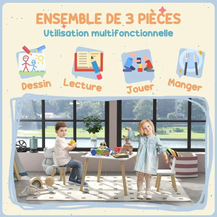 Ensemble table et 2 chaises enfant - AIYAPLAY - design scandinave motif oreille de lapin bois pin blanc-5