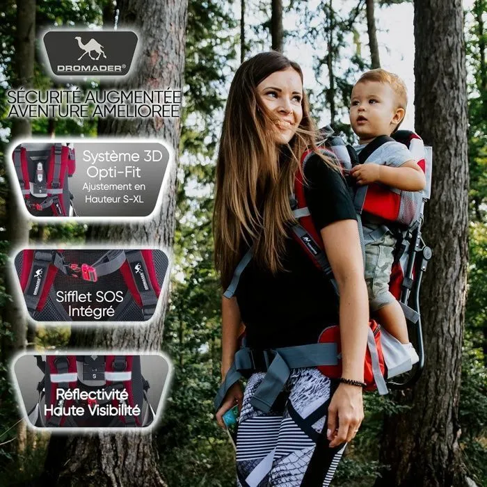 DROMADER Porte Bébé Randonnée - Confortable jusqu'à 22kg - Sac à Dos avec Poche Isolante, Pare-Soleil & Pluie - Rouge-4
