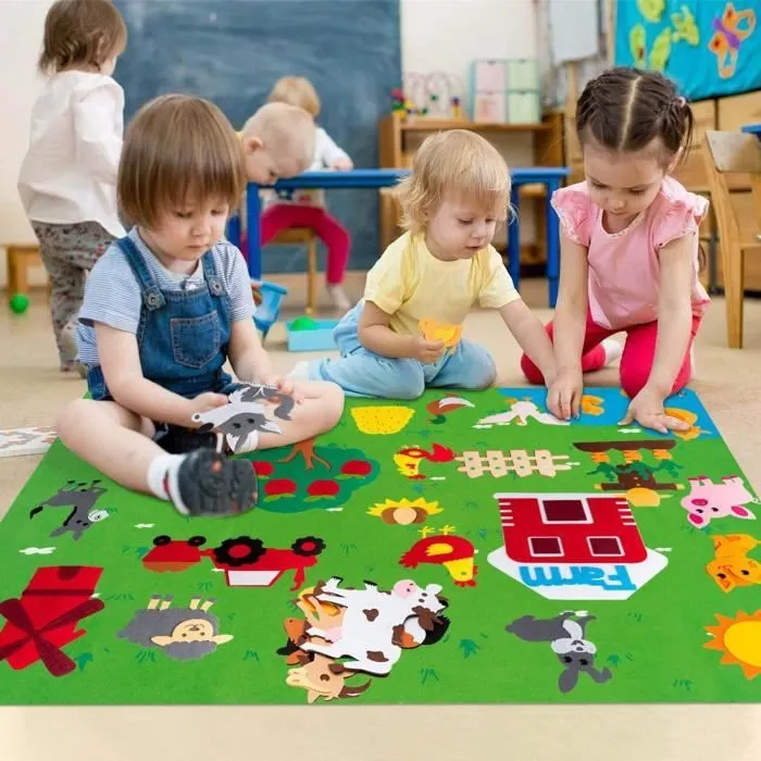 Kit de Animaux Ferme en feutre, Kit de jeu interactif sur le thème de la ferme pour enfants 3-6 ans, Jouet Montessori - 75*105cm-1