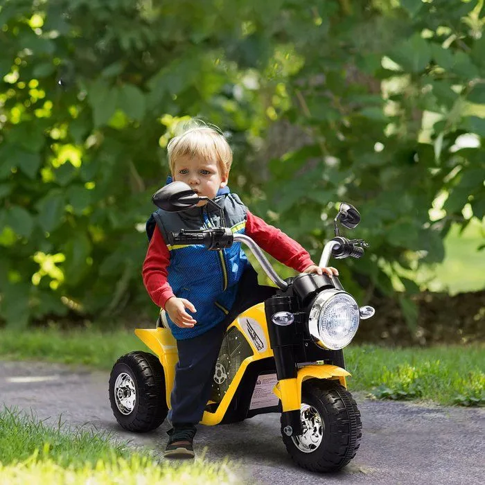 Moto électrique enfant chopper tout-terrain 6 V 20 W marche AV AR 3 roues effets lumineux et sonores jaune noir-1