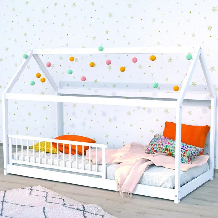 Lit cabane 90x190 barrière de lit amovible et sommier inclus Panda - Blanc-0