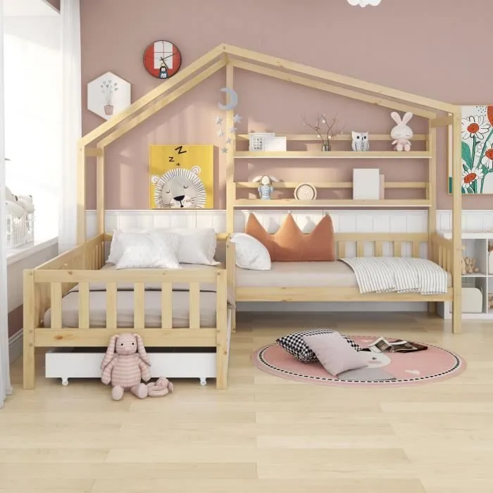 Lit cabane enfant - Bois massif - 90x200cm et 140x70cm - Avec barrière de protection et rangement - Naturel-2