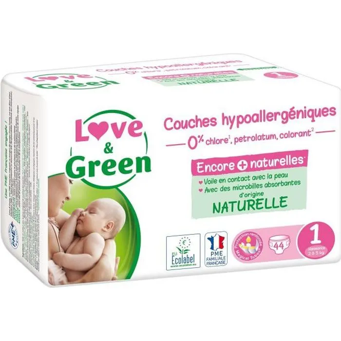 LOVE AND GREEN Couches Taille Naissance - Certifiées Ecolabel et hypoallergéniques T1 x 44 (2 à 5 Kilos)-0