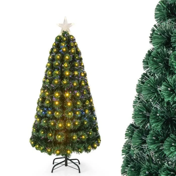 COSTWAY Sapin de Noël Artificiel de 150cm, avec Lumineux 170 LED, 8 Modes d'Éclairage, Étoile Lumineuse au Sommet, Fibres Optiques-0