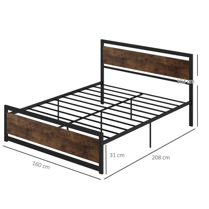 HOMCOM - Cadre du lit double - Acier - 167x208x103cm - Brun avec veinage, Noir-3