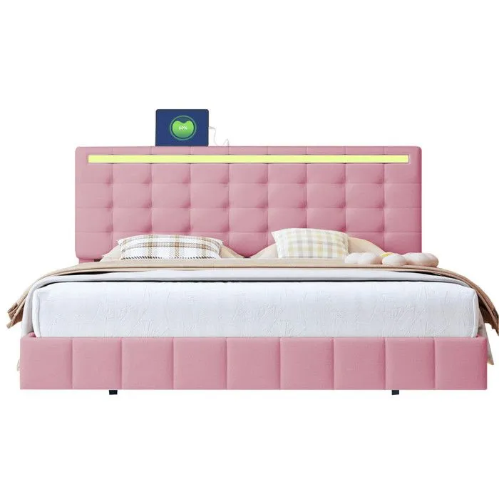 MODERNLUXE Lit rembourré 160x200 cm, avec éclairage LED et tête de lit design, sommier à lattes, rose-1