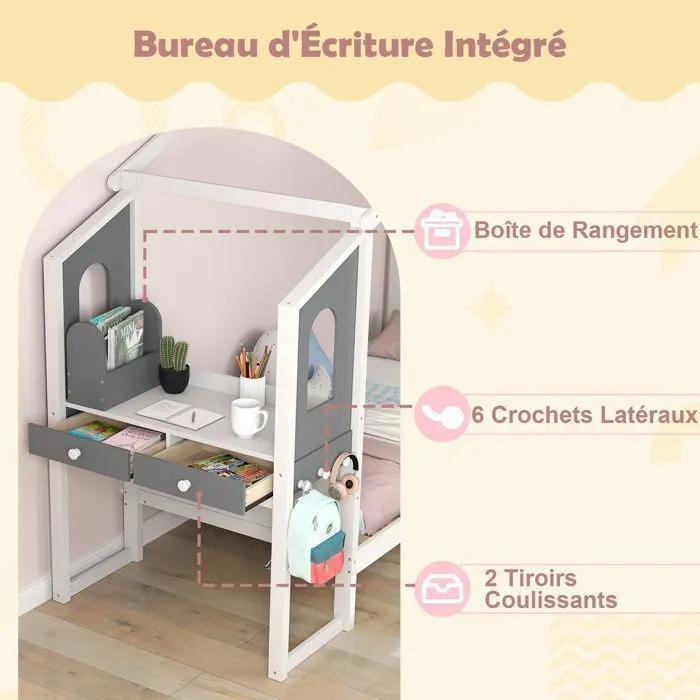 COSTWAY Lit Simple 200 x 90 cm avec Bureau, Lit Plateforme avec Crochets et Tiroirs, 18 Lattes en Bois, Structure de Lit Blanc Gris-1
