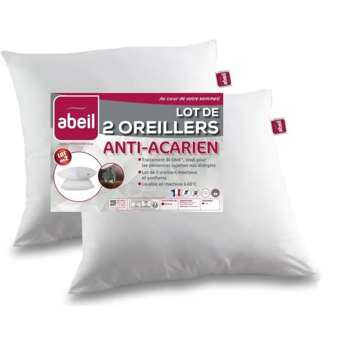Lot de 2 oreillers anti-acariens - 60 x 60 cm - 100% coton traité Biome® - ABEIL-2