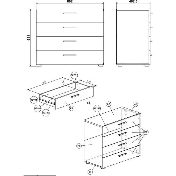 Commode - 4 tiroirs - Noir - L80,2 x P40,25 x H68,1 cm-6