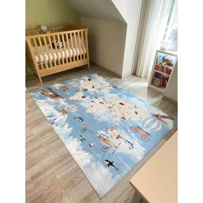 Tapis Enfant Carte Du Monde Happy Bleu par Nazar Rugs Bleu 80 x 150 cm-1
