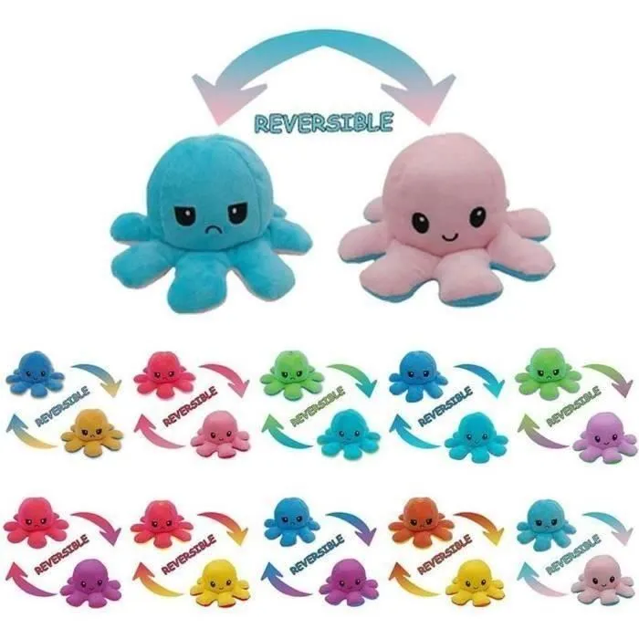 Jouet en Peluche Pieuvre Mignonne Jouet en Peluche Double Face Flip Octopus, Jolie poupée de Poulpe réversible, poupée danimaux-2