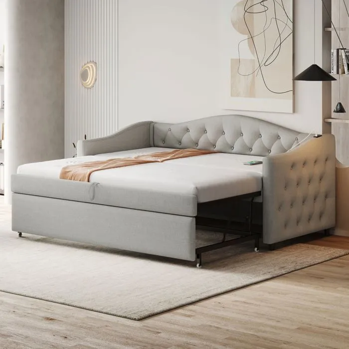 Canapé-lit extensible - Non spécifié - 90x200 cm - Port USB - Tissu lin - Gris-1