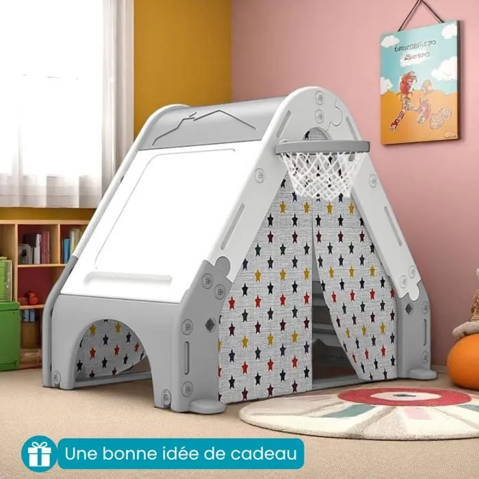 DEVESSPORT  Tente Jeu Enfant - Avec Mur d'Escalade, Panier Basket, Tableau - Aventure Intérieur-4