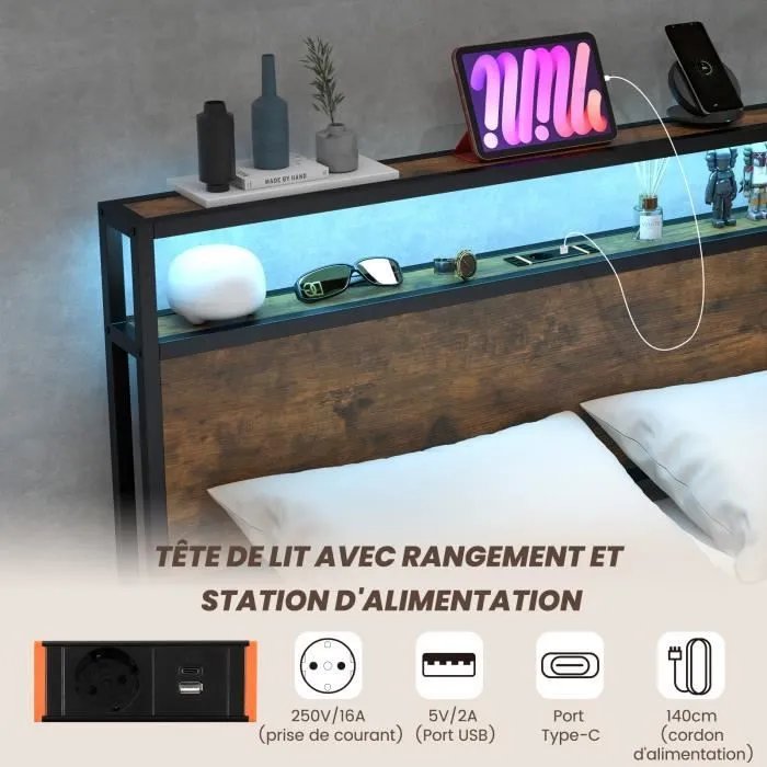 COSTWAY Lit Double Industriel pour Adulte 140x200CM - Contrôle par APP, Lumineuse LED, Bluetooth, Prise de Courant et 4 Tiroirs-3