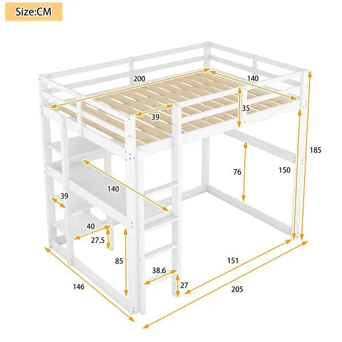 Lit mezzanine enfant - MODERNLUXE - 140 x 200 cm - Bureau et étagères - Bois massif - Blanc-3