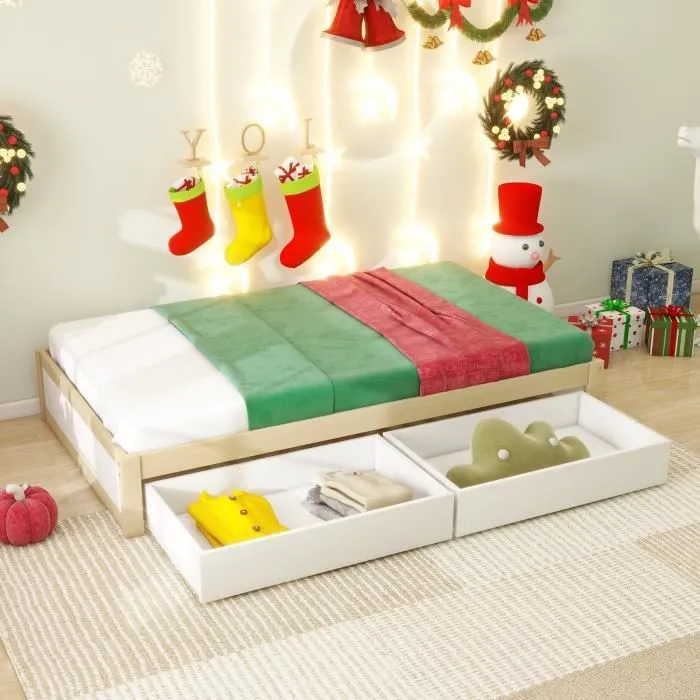Lit simple enfant - DREAMMESPACE - 90x200 cm - Bois massif - 2 tiroirs - Sommier inclus-0