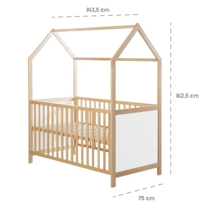 ROBA Lit Cabane Bébé Évolutif 70x140 cm - Convertible en Lit Junior et en Banc - Hauteur Réglable - Bois Laqué Blanc / Naturel-2