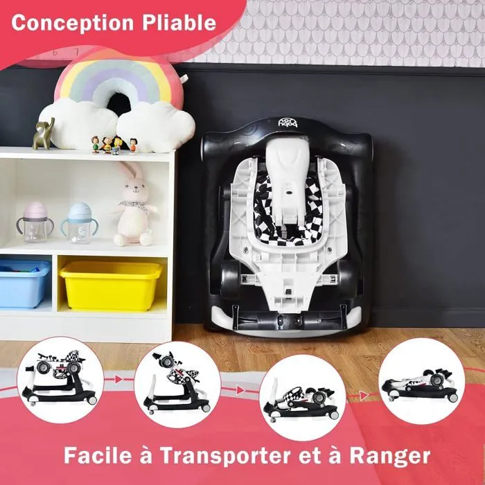 COSTWAY Trotteur Bébé Pliable Musical 4 en 1 Apparence de Voiture Pousseur Hauteur et Vitesse Réglables avec Lumière Volant Blanc-4