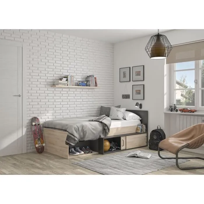 GAMI Erquy Lit enfant avec rangement - Décor Chêne Kronberg clair et Noir - 90 x 200 cm-1
